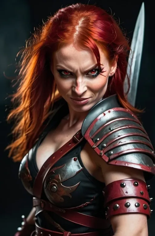 Prompt: Evil red-haired warrior woman with a mischievous grin. Carmine, red eyes. Fierce combat stance.