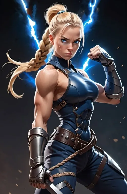 Prompt: Female figure. Greater bicep definition. Dark Blue eyes. Blonde braided ponytail. Fierce combat stance. Raging Gravity-powered Gauntlets. 