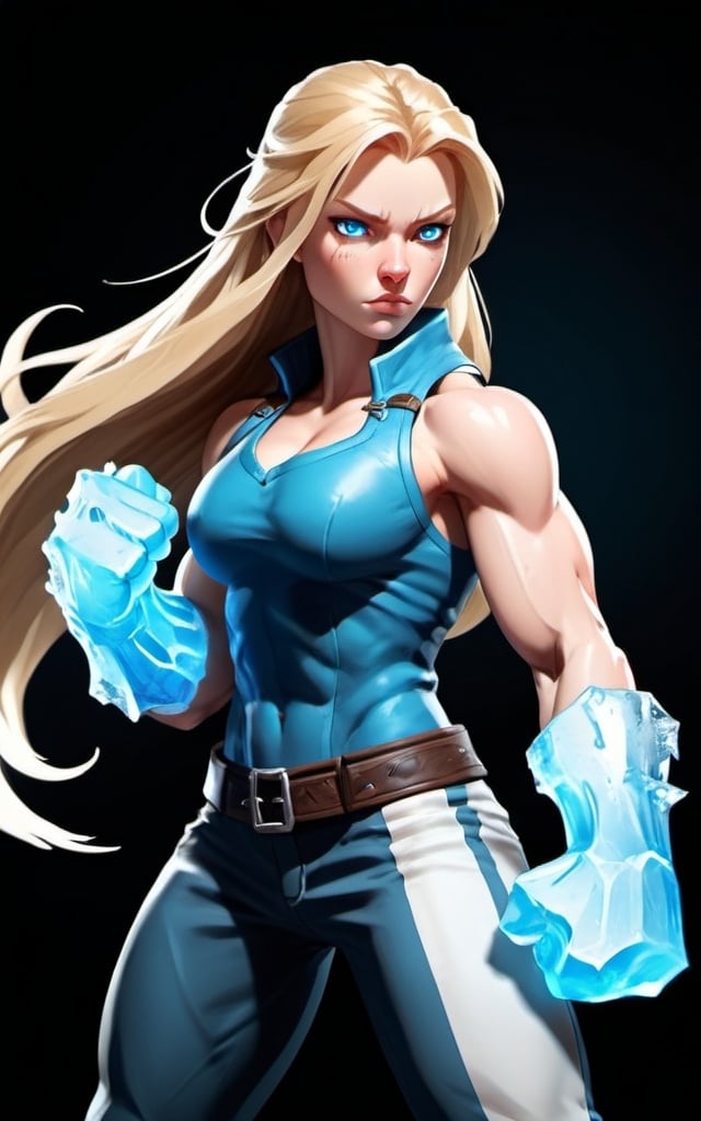 Prompt: Female figure. Greater bicep definition. Sharper, clearer blue eyes. Long Blonde hair flapping. Frostier, glacier effects. Fierce combat stance. Raging Fists. Icy Knuckles.