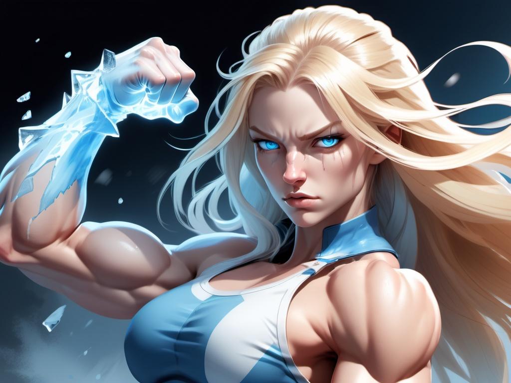 Prompt: Female figure. Greater bicep definition. Sharper, clearer blue eyes. Nosebleed. Long Blonde hair flapping. Frostier, glacier effects. Fierce combat stance. Raging Fists. Icy Knuckles.