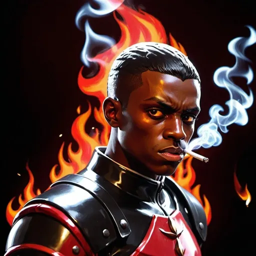Prompt: Male Figure. Small. Short black hair. Dark skin. Dark eyes. Psychotic. Clean shaven. Wearing a red armored suit. Cigarette in mouth. Enraged Fiery hands. Flames in the background. 