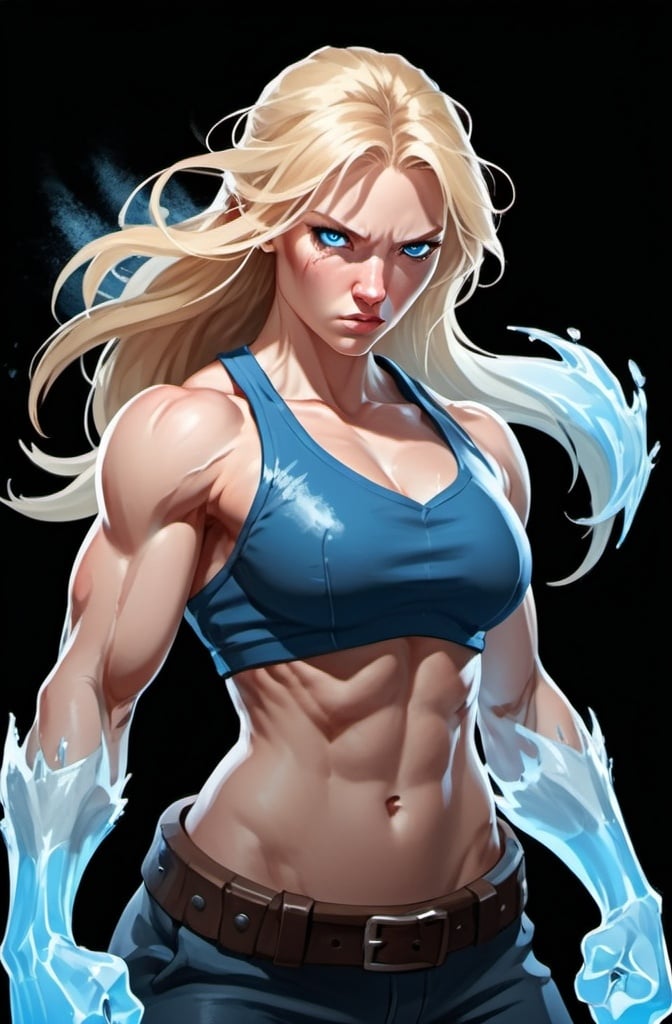 Prompt: Female figure. Greater bicep definition. Sharper, clearer blue eyes. Nosebleed. Long Blonde hair flapping. Frostier, glacier effects. Fierce combat stance. Raging Fists. Icy Knuckles. 