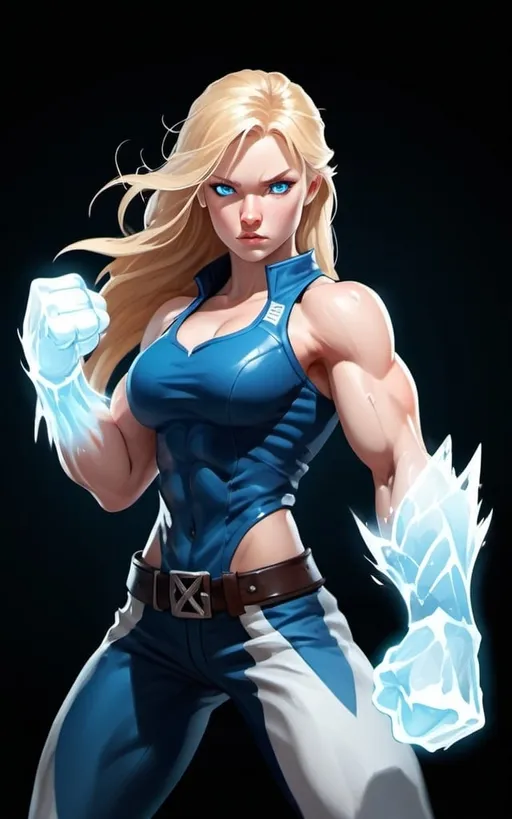 Prompt: Female figure. Greater bicep definition. Sharper, clearer blue eyes. Long Blonde hair flapping. Frostier, glacier effects. Fierce combat stance. Raging Fists. Icy Knuckles.