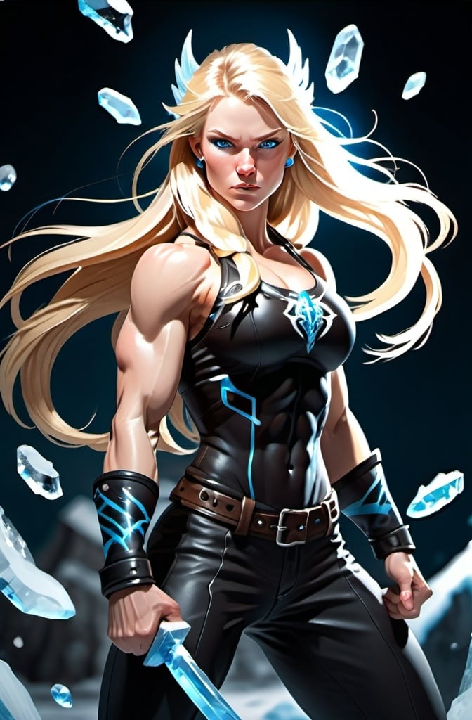 Prompt: Female figure. Greater bicep definition. Sharper, clearer blue eyes. Long Blonde hair flapping. Frostier, glacier effects. Fierce combat stance. Icy Knuckles. Raging Fists.