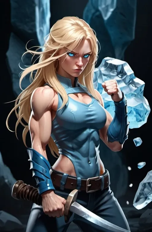 Prompt: Female figure. Greater bicep definition. Sharper, clearer blue eyes. Nosebleed. Long Blonde hair flapping. Frostier, glacier effects. Fierce combat stance. Raging Fists. Icy Knuckles. 