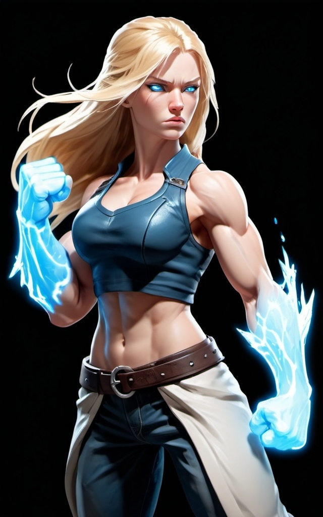 Prompt: Female figure. Greater bicep definition. Sharper, clearer blue eyes. Long Blonde hair flapping. Frostier, glacier effects. Fierce combat stance. Raging Fists.