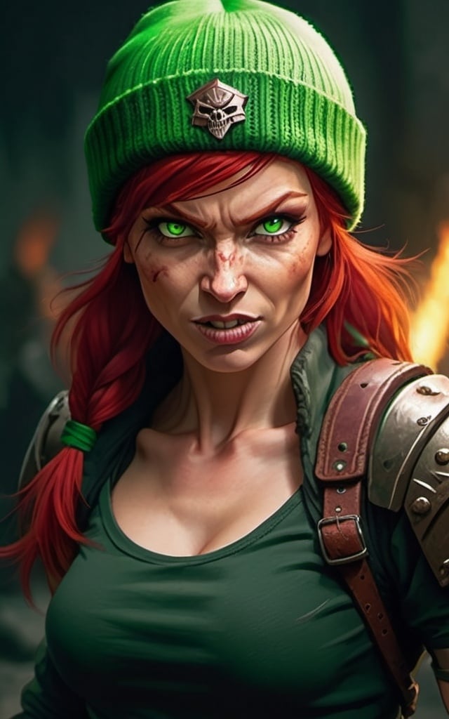 Prompt: Evil red-haired warrior woman, wearing a green beanie and a mischievous smirk. Carmine, red eyes. Fierce combat stance. 