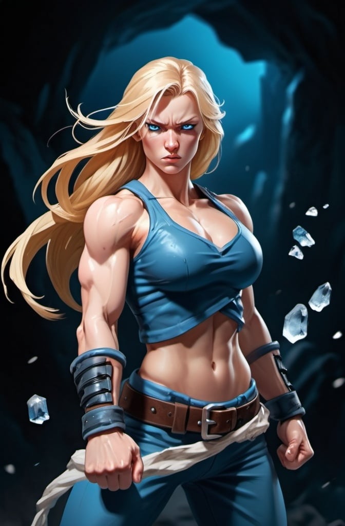 Prompt: Female figure. Greater bicep definition. Sharper, clearer blue eyes. Nosebleed. Long Blonde hair flapping. Frostier, glacier effects. Fierce combat stance. Raging Fists. Icy Knuckles.