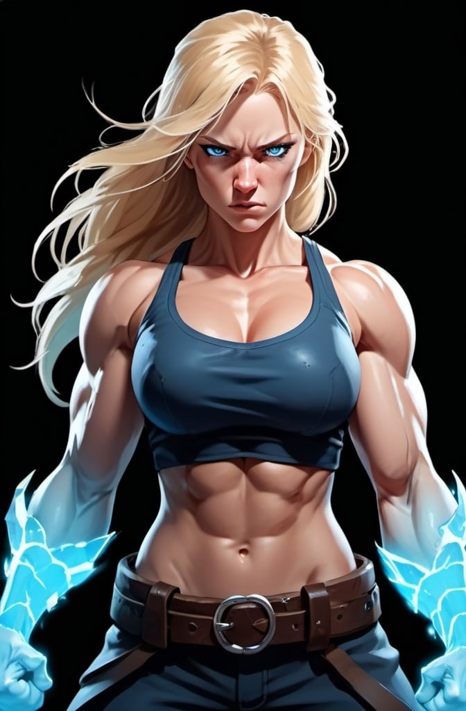 Prompt: Female figure. Greater bicep definition. Sharper, clearer blue eyes. Nosebleed. Long Blonde hair flapping. Frostier, glacier effects. Fierce combat stance. Raging Fists. 