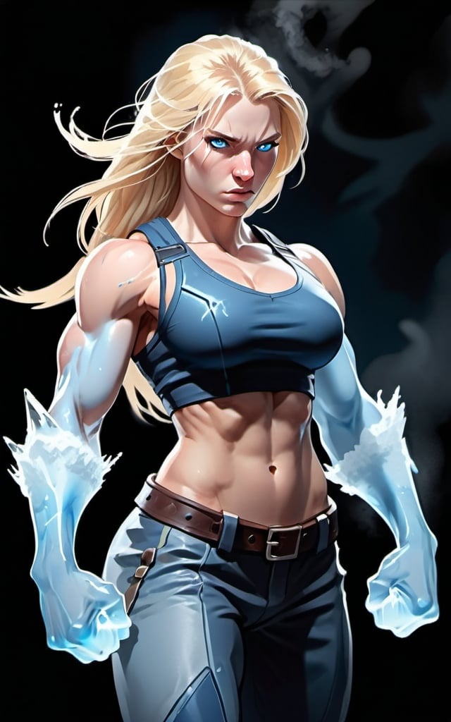 Prompt: Female figure. Greater bicep definition. Sharper, clearer blue eyes. Nosebleed. Long Blonde hair flapping. Frostier, glacier effects. Fierce combat stance. Icy Knuckles. Engulfed in Mist. 