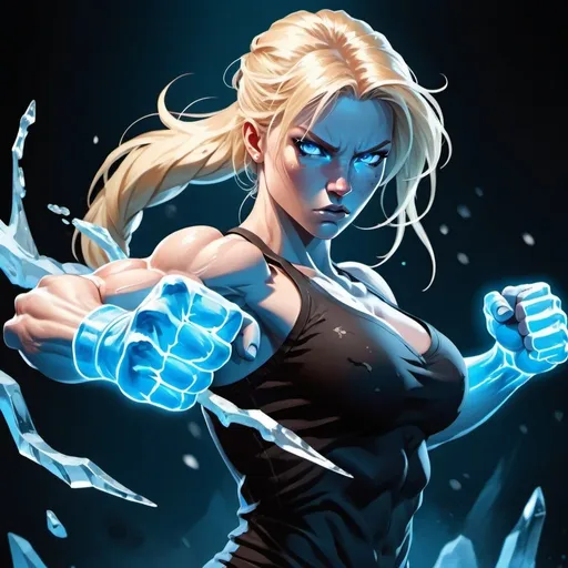 Prompt: Female figure. Greater bicep definition. Sharper, clearer blue eyes. Bleeding. Long Blonde hair flapping. Frostier, glacier effects. Fierce combat stance. Raging Fists. Icy Knuckles. 