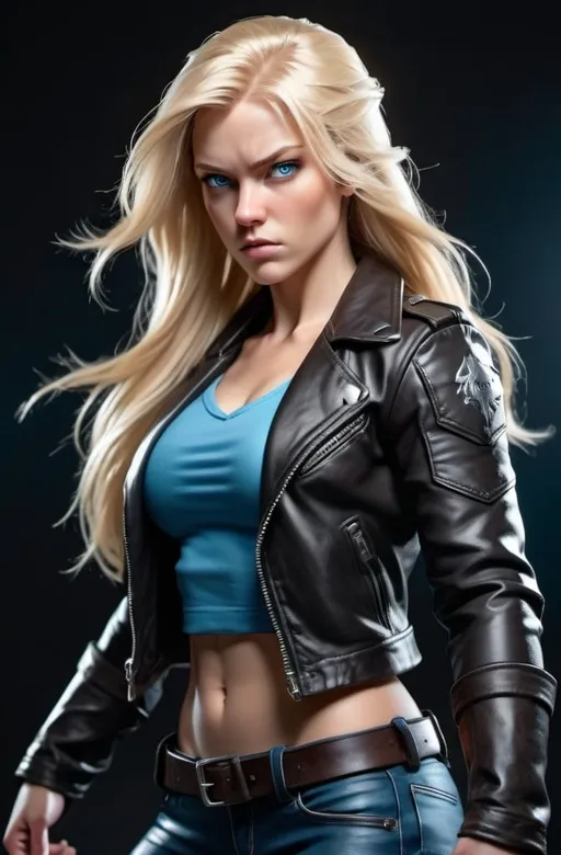 Prompt: Female figure. Greater bicep definition. Sharper, clearer blue eyes. Long Blonde hair flapping. Frostier, glacier effects. Fierce combat stance. Raging Fists. Leather Jacket.