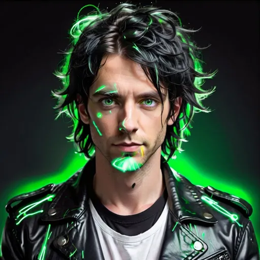 Prompt:  White male wearing Black leather Jacket. Genius inventor and Telepath. Bright Green eyes. Black messy hair, with strands that extend a little over his face. Witty but friendly. 