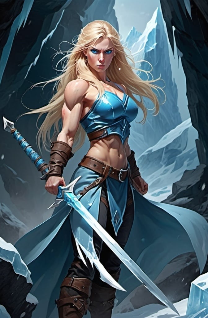 Prompt: Female figure. Greater bicep definition. Sharper, clearer blue eyes. Bleeding. Long Blonde hair flapping. Frostier, glacier effects. Fierce combat stance. Ice Daggers. 