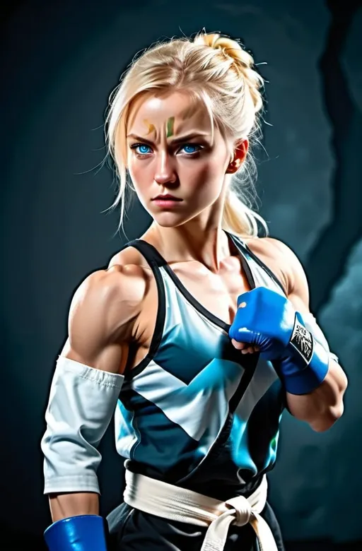 Prompt: Female figure. Greater bicep definition. Sharper, clearer blue eyes. Blonde hair flapping. Frostier, glacier effects. Fierce combat stance. Martial arts