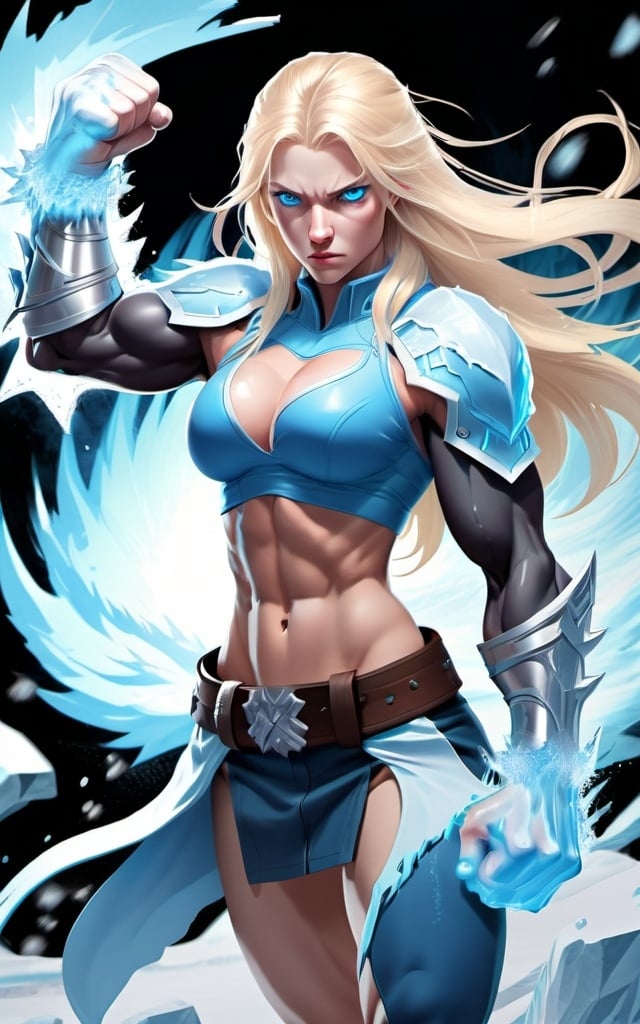 Prompt: Female figure. Greater bicep definition. Sharper, clearer blue eyes. Nosebleed. Long Blonde hair flapping. Frostier, glacier effects. Fierce combat stance. Raging Fists. Icy Knuckles.