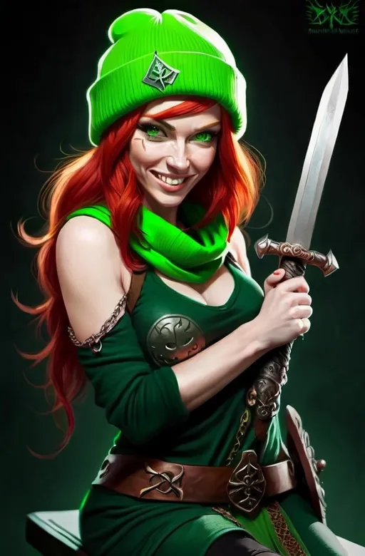 Prompt:  Evil red-haired warrior woman, wearing a green beanie and a mischievous smirk. Green eyes. She is sitting on a Throne. 