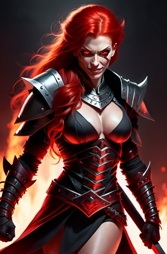 Prompt: Evil red-haired warrior woman with a mischievous grin. Carmine, red eyes. Fierce combat stance.