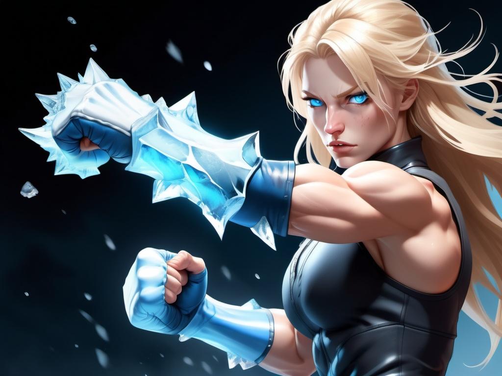 Prompt: Female figure. Greater bicep definition. Sharper, clearer blue eyes. Nosebleed. Long Blonde hair flapping. Frostier, glacier effects. Fierce combat stance. Raging Fists. Icy Knuckles.