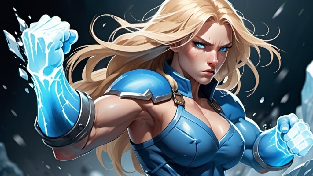 Prompt: Female figure. Greater bicep definition. Sharper, clearer blue eyes. Nosebleed. Long Blonde hair flapping. Blue outfit. Frostier, glacier effects. Fierce combat stance. Raging Fists. Icy Knuckles. 