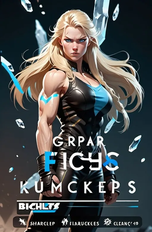 Prompt: Female figure. Greater bicep definition. Sharper, clearer blue eyes. Long Blonde hair flapping. Frostier, glacier effects. Fierce combat stance. Icy Knuckles. Raging Fists.