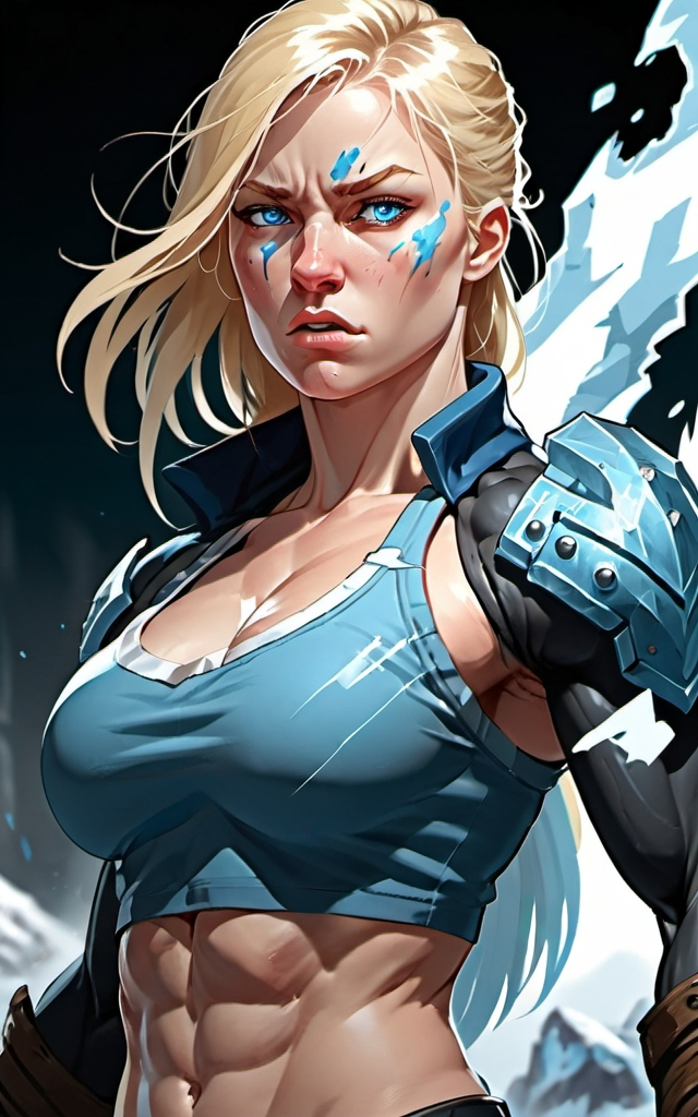 Prompt: Female figure. Greater bicep definition. Sharper, clearer blue eyes. Bleeding. Long Blonde hair flapping. Frostier, glacier effects. Fierce combat stance. Raging Fists.