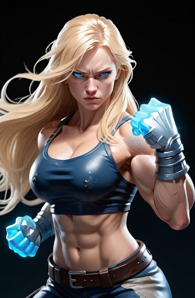 Prompt: Female figure. Greater bicep definition. Sharper, clearer blue eyes. Nosebleed. Long Blonde hair flapping. Frostier, glacier effects. Fierce combat stance. Icy Knuckles.