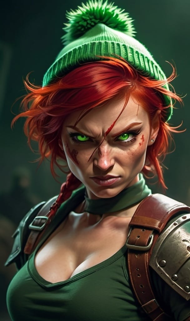 Prompt: Evil red-haired warrior woman, wearing a green beanie and a mischievous smirk. Carmine, red eyes. Fierce combat stance. 