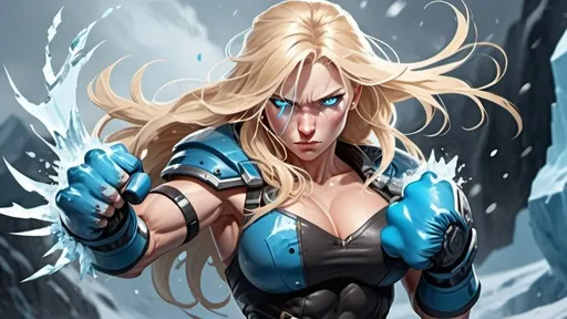 Prompt: Female figure. Greater bicep definition. Sharper, clearer blue eyes. Nosebleed. Long Blonde hair flapping. Frostier, glacier effects. Fierce combat stance. Raging Fists. Icy Knuckles. 