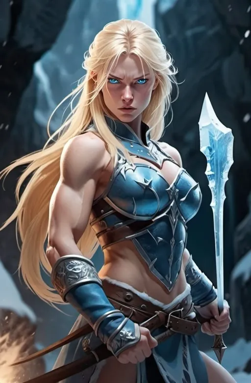 Prompt: Female figure. Greater bicep definition. Sharper, clearer blue eyes. Nosebleed. Long Blonde hair flapping. Frostier, glacier effects. Fierce combat stance. Ice Daggers.