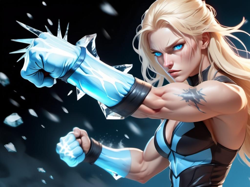 Prompt: Female figure. Greater bicep definition. Sharper, clearer blue eyes. Nosebleed. Long Blonde hair flapping. Frostier, glacier effects. Fierce combat stance. Raging Fists. Icy Knuckles.