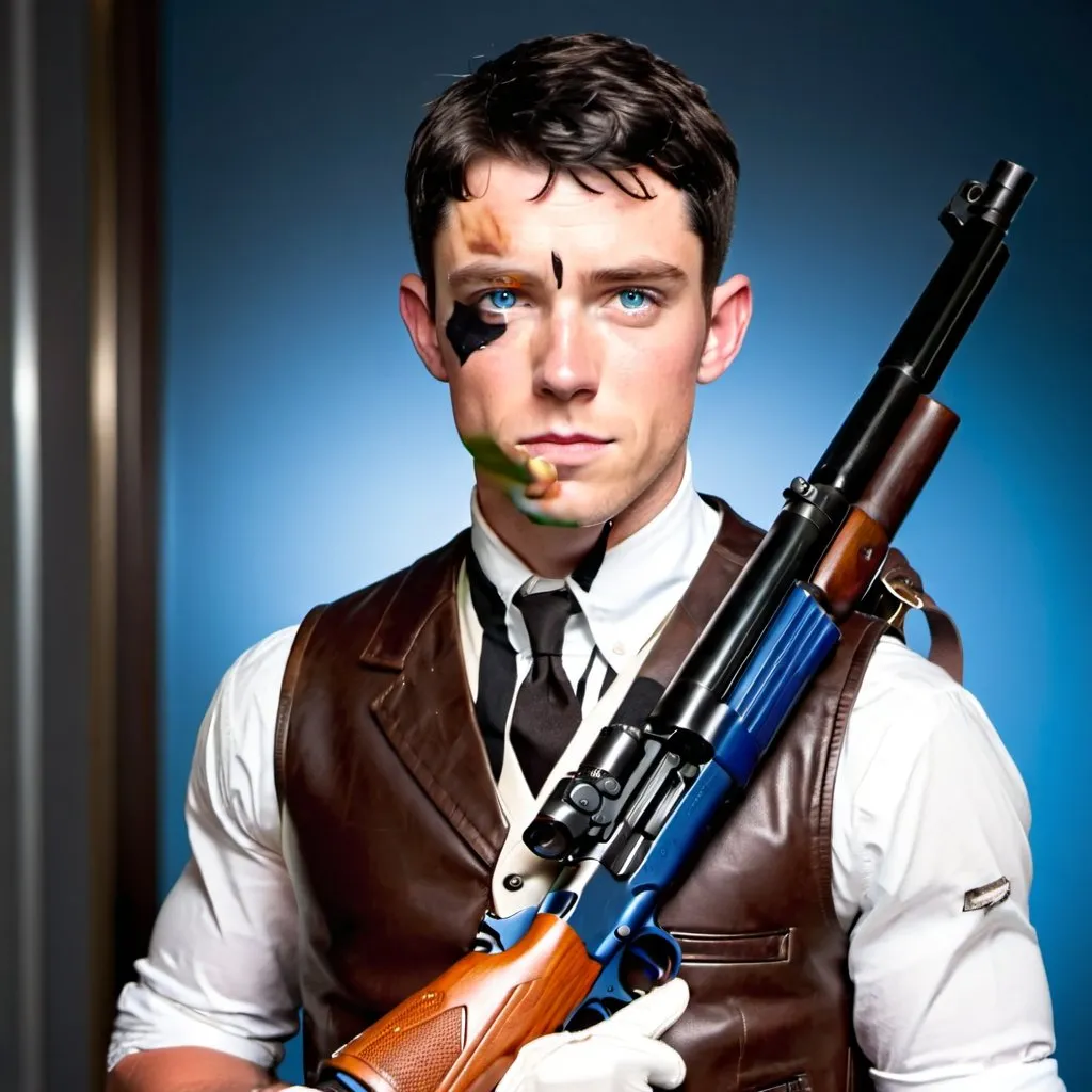 Prompt:  White male with an Athletic build, wearing a brown leather suit and vest. Upstanding Gentlemen. Neat and tidy. Blue eyes. Short Black hair. Holding shotgun over his shoulder. 