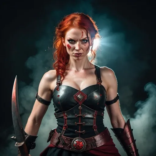 Prompt: Evil red-haired warrior woman with a mischievous grin. Carmine, red eyes. Fierce combat stance.