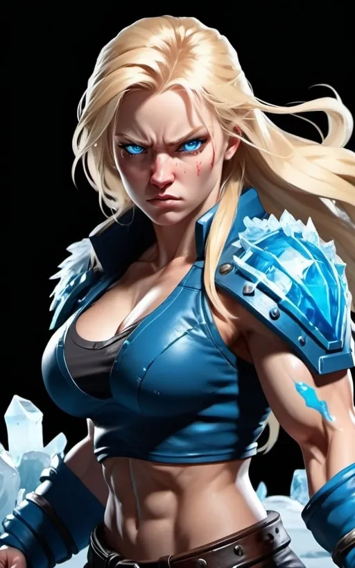 Prompt: Female figure. Greater bicep definition. Sharper, clearer blue eyes. Bleeding. Long Blonde hair flapping. Frostier, glacier effects. Fierce combat stance. Raging Fists. Icy Knuckles.