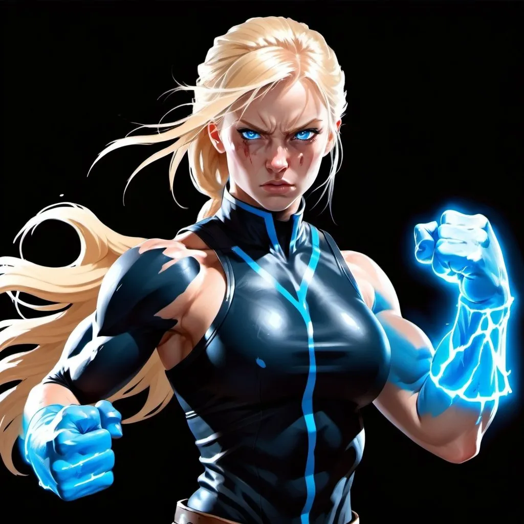 Prompt: Female figure. Greater bicep definition. Sharper, clearer blue eyes. Bleeding. Long Blonde hair flapping. Frostier, glacier effects. Fierce combat stance. Raging Fists.