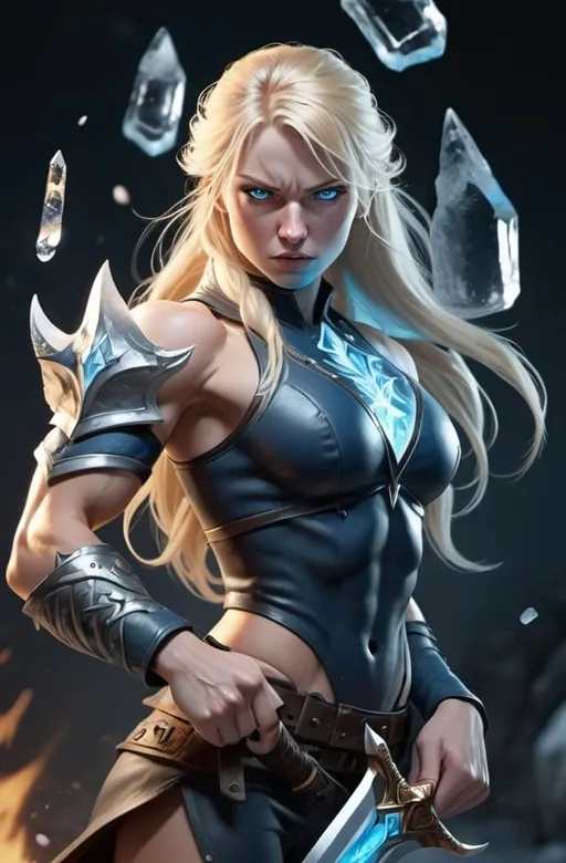 Prompt: Female figure. Greater bicep definition. Sharper, clearer blue eyes. Nosebleed. Long Blonde hair flapping. Frostier, glacier effects. Fierce combat stance. Ice Daggers.