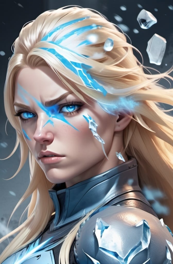 Prompt:  Female figure. Greater bicep definition. Sharper, clearer blue eyes. Nosebleed. Long Blonde hair flapping. Frostier, glacier effects. Fierce combat stance. Raging Fists. Icy Knuckles. 