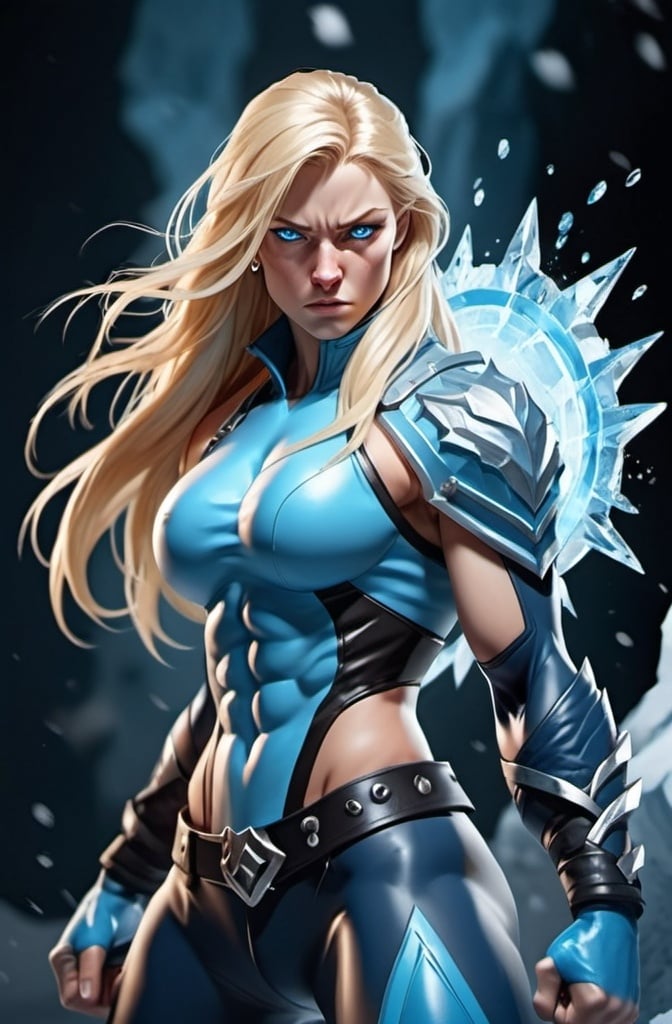 Prompt: Female figure. Greater bicep definition. Sharper, clearer blue eyes. Nosebleed. Long Blonde hair flapping. Frostier, glacier effects. Fierce combat stance. Raging Fists. Icy Knuckles. Blue outfit. 