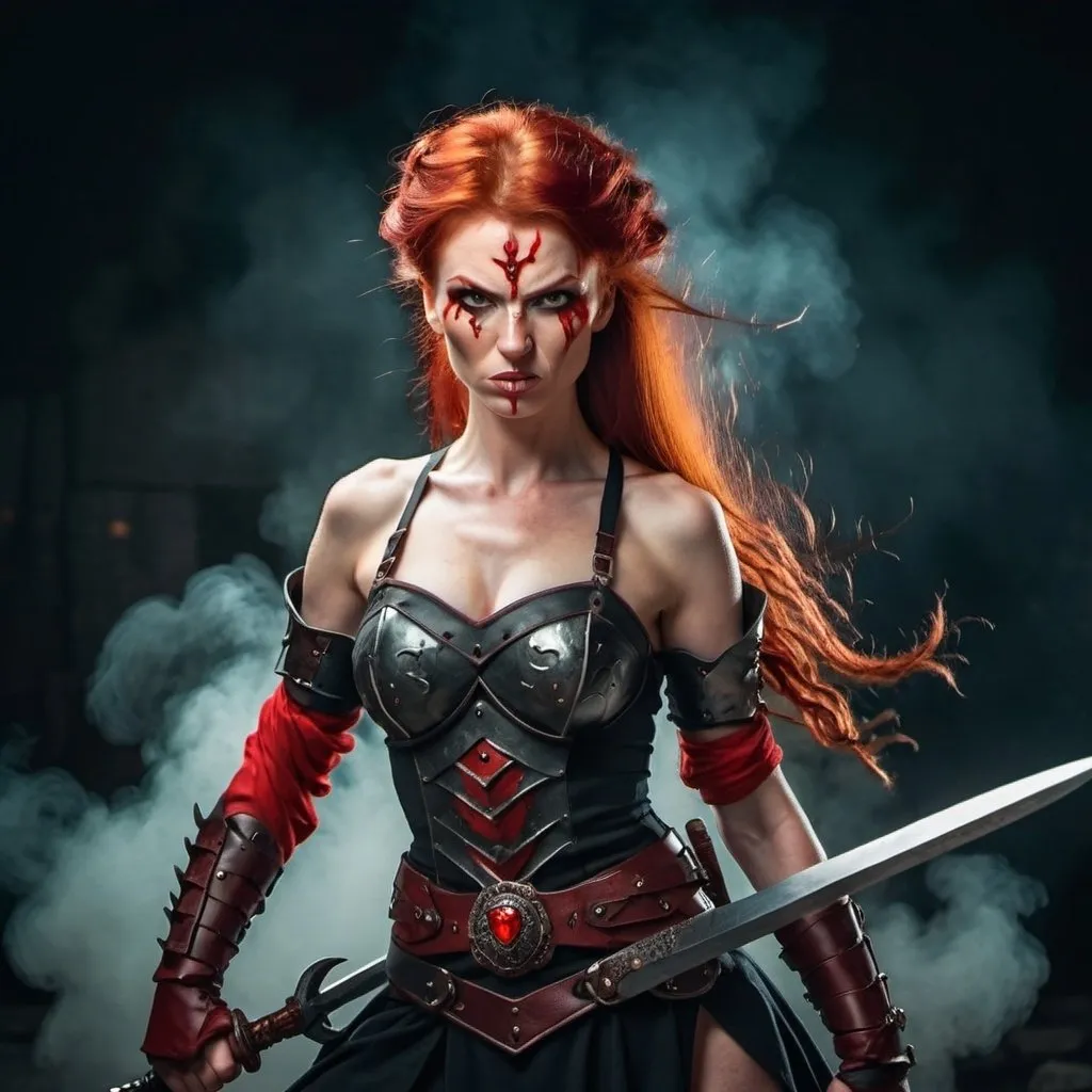 Prompt: Evil red-haired warrior woman with a mischievous grin. Carmine, red eyes. Fierce combat stance.