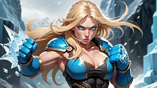 Prompt: Female figure. Greater bicep definition. Sharper, clearer blue eyes. Nosebleed. Long Blonde hair flapping. Frostier, glacier effects. Fierce combat stance. Raging Fists. Icy Knuckles. 