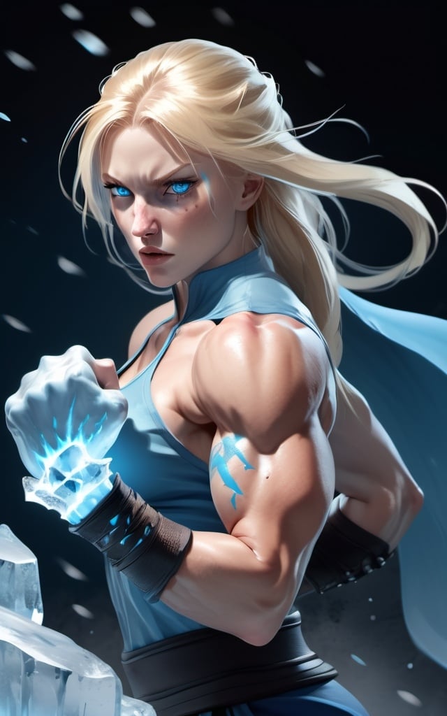 Prompt: Female figure. Greater bicep definition. Sharper, clearer blue eyes. Nosebleed. Long Blonde hair flapping. Frostier, glacier effects. Fierce combat stance. Raging Fists. Icy Knuckles.