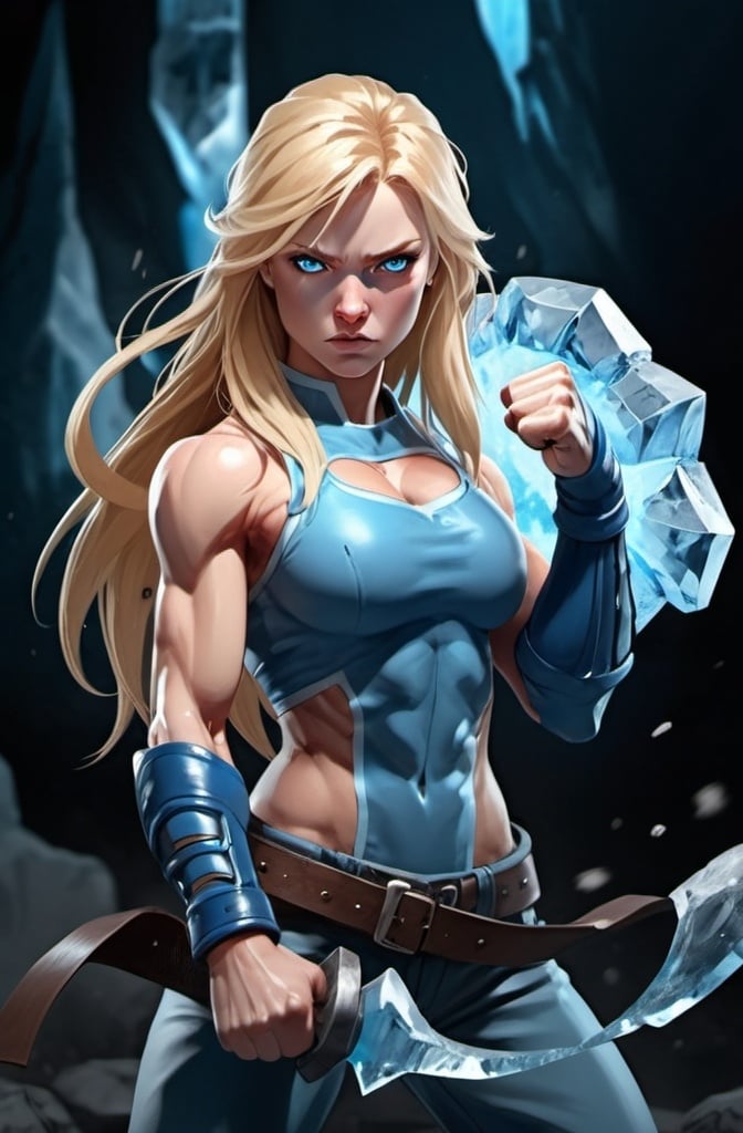 Prompt: Female figure. Greater bicep definition. Sharper, clearer blue eyes. Nosebleed. Long Blonde hair flapping. Frostier, glacier effects. Fierce combat stance. Raging Fists. Icy Knuckles. 