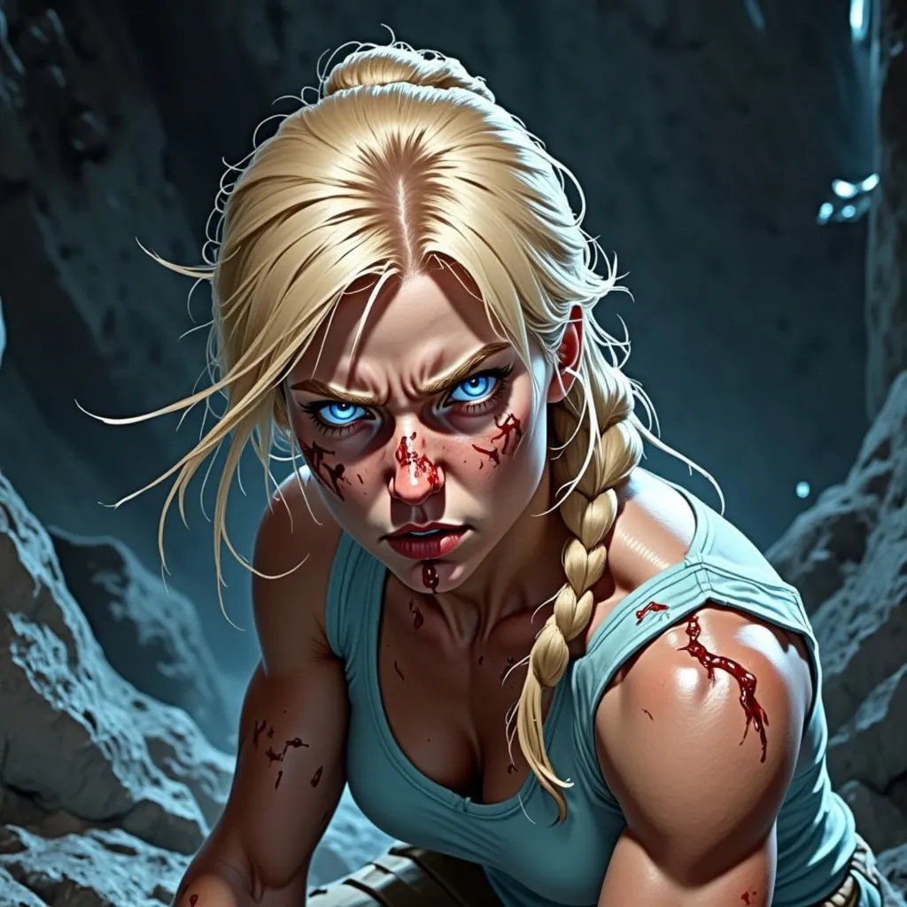 Prompt: @lbK8EQWu1r8WEqH2g1L6 A digital illustration of a bruised female character with a cut on her face and blood dripping from her nose after a brutal fight. She has a fierce, determined expression, with swollen, bruised skin around her cheek and jaw. Her hair is disheveled, framing her face in messy strands. Blood streaks run down from her nose, mixing with sweat and dirt on her skin. The scene is set in a gritty, dimly lit environment with shadows cast across her face, highlighting the raw intensity of the moment. The lighting emphasizes the contours of her bruises and cuts, with a faint glow from behind adding depth and drama. The composition captures her in a close-up shot, focusing on her battered face, conveying resilience and pain.