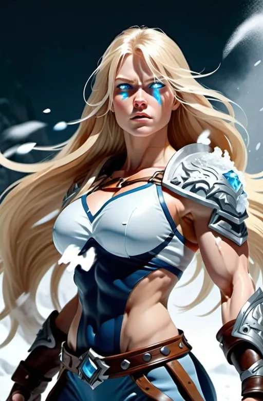 Prompt: Female figure. Greater bicep definition. Sharper, clearer blue eyes. Long Blonde hair flapping. Frostier, glacier effects. Fierce combat stance. Icy Knuckles. Surrounded by White Mist. 