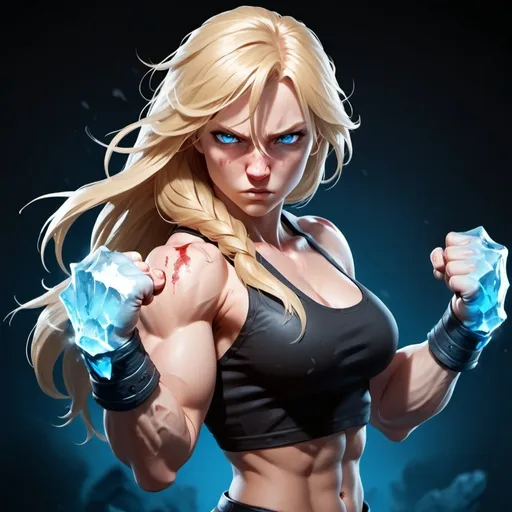 Prompt: Female figure. Greater bicep definition. Sharper, clearer blue eyes. Nosebleed. Long Blonde hair flapping. Frostier, glacier effects. Fierce combat stance. Raging Fists. Icy Knuckles. 