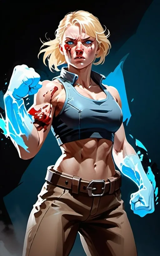 Prompt:  Female figure. Greater bicep definition. Sharper, clearer blue eyes. Blonde hair  flapping. Nose bleed. Frostier, glacier effects. Fierce combat stance. Raging Fists. 