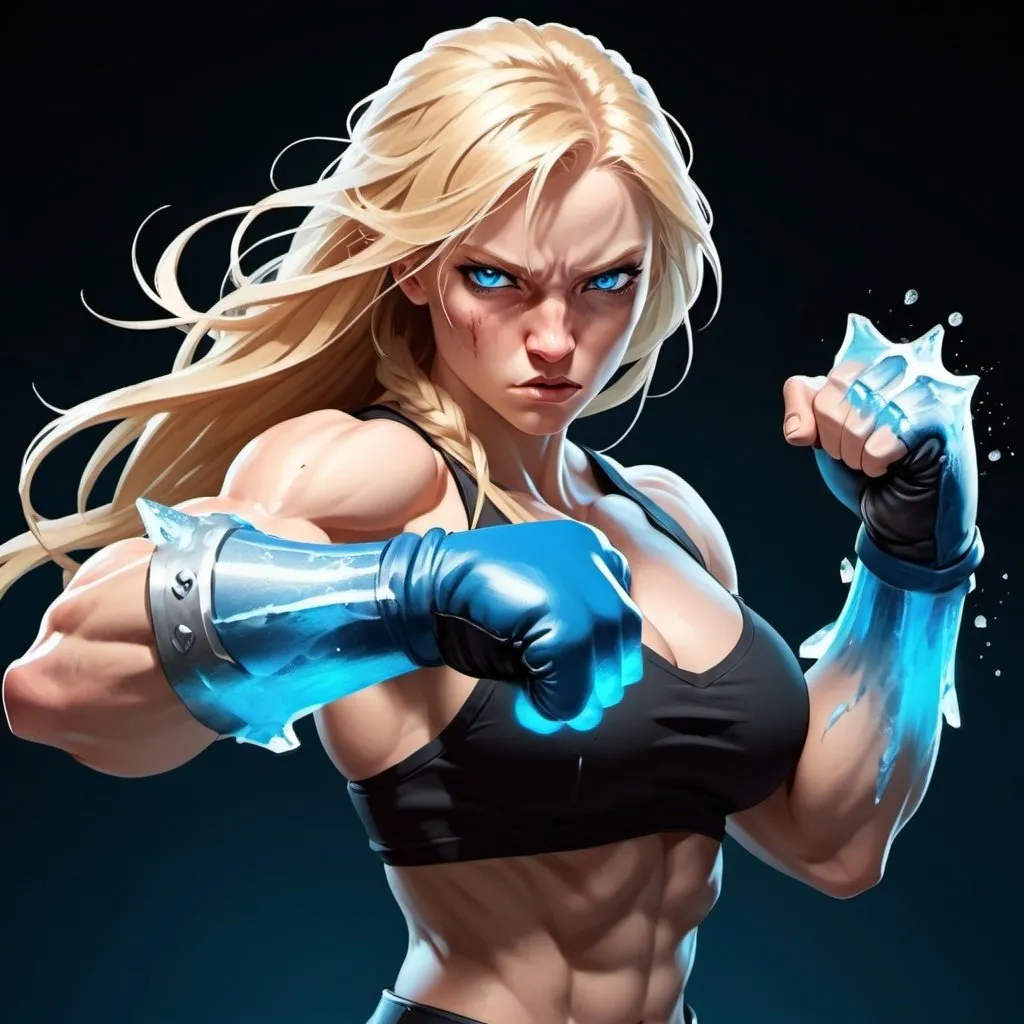 Prompt: Female figure. Greater bicep definition. Sharper, clearer blue eyes. Bleeding. Long Blonde hair flapping. Frostier, glacier effects. Fierce combat stance. Raging Fists. Icy Knuckles. 