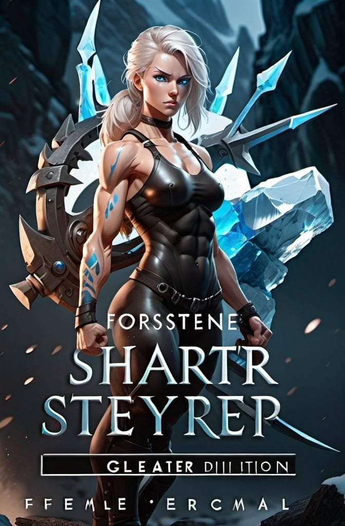 Prompt: Female figure. Greater bicep definition. Sharper, clearer blue eyes.  Frostier, glacier effects. Fierce combat stance. 