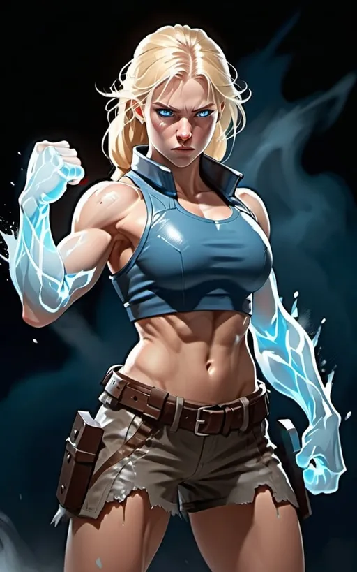 Prompt: Female figure. Greater bicep definition. Sharper, clearer blue eyes. Nosebleed. Long Blonde hair flapping. Frostier, glacier effects. Fierce combat stance. Icy Knuckles. Mist