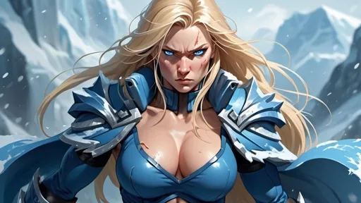 Prompt: Female figure. Greater bicep definition. Sharper, clearer blue eyes. Nosebleed. Long Blonde hair flapping. Blue outfit. Frostier, glacier effects. Fierce combat stance. Raging Fists. Icy Knuckles. 